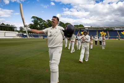 110526 - Glamorgan v Somerset, Rothesay County Championship Division 1, Day 4 of 4 - Ryan Hadley of Glamorgan celebrates as he leaves the field having hit 50 run and the final runs that won Glamorgan the match
