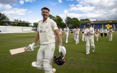 110526 - Glamorgan v Somerset, Rothesay County Championship Division 1, Day 4 of 4 - Ryan Hadley of Glamorgan celebrates as he leaves the field having hit 50 run and the final runs that won Glamorgan the match