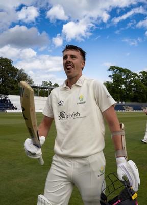 110526 - Glamorgan v Somerset, Rothesay County Championship Division 1, Day 4 of 4 - Ryan Hadley of Glamorgan celebrates as he leaves the field having hit 50 run and the final runs that won Glamorgan the match