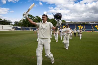 110526 - Glamorgan v Somerset, Rothesay County Championship Division 1, Day 4 of 4 - Ryan Hadley of Glamorgan celebrates as he leaves the field having hit 50 run and the final runs that won Glamorgan the match