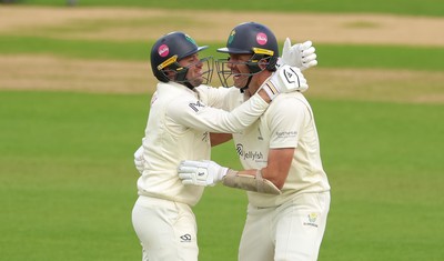 110526 - Glamorgan v Somerset, Rothesay County Championship Division 1, Day 4 of 4 - Mason Crane of Glamorgan and Ryan Hadley of Glamorgan celebrate as they secure the runs to beat Somerset