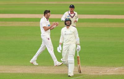 110526 - Glamorgan v Somerset, Rothesay County Championship Division 1, Day 4 of 4 - Craig Overton of Somerset celebrates after taking the wicket of Timm van der Gugten of Glamorgan