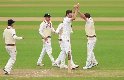 110526 - Glamorgan v Somerset, Rothesay County Championship Division 1, Day 4 of 4 - Craig Overton of Somerset celebrates after taking the wicket of Timm van der Gugten of Glamorgan