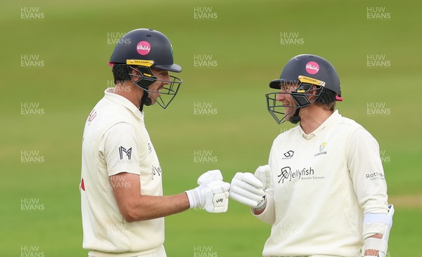 110526 - Glamorgan v Somerset, Rothesay County Championship Division 1, Day 4 of 4 - Ryan Hadley of Glamorgan, left, with Timm van der Gugten of Glamorgan after he hits a six