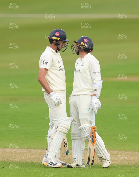 110526 - Glamorgan v Somerset, Rothesay County Championship Division 1, Day 4 of 4 - Ryan Hadley of Glamorgan, left, with Timm van der Gugten of Glamorgan after he hits a six