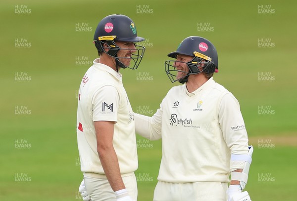 110526 - Glamorgan v Somerset, Rothesay County Championship Division 1, Day 4 of 4 - Ryan Hadley of Glamorgan, left, with Timm van der Gugten of Glamorgan after he hits a six