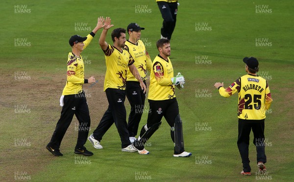 150717 - Glamorgan v Somerset - Natwest T20 Blast - Tim Groenewald of Somerset celebrates with team mates after Colin Ingram is caught by Michael Leask