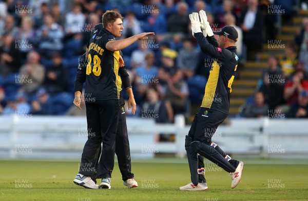 180719 - Glamorgan Cricket v Somerset - Vitality Blast - Dan Douthwaite of Glamorgan celebrates with team mates after Babar Azam is caught out by Michael Hogan