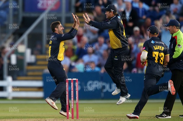 180719 - Glamorgan Cricket v Somerset - Vitality Blast - Andrew Salter of Glamorgan celebrates with team mates after Tom Banton is caught out by Billy Root