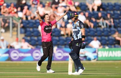 200625 - Glamorgan v Somerset, Vitality Blast  T20 - Lewis Gregory of Somerset celebrates after bowling out Colin Ingram of Glamorgan