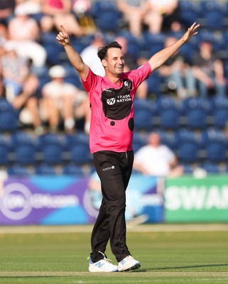 200625 - Glamorgan v Somerset, Vitality Blast  T20 - Lewis Gregory of Somerset celebrates after bowling out Colin Ingram of Glamorgan