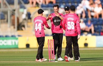 200625 - Glamorgan v Somerset, Vitality Blast  T20 - Lewis Gregory of Somerset celebrates after bowling out Colin Ingram of Glamorgan