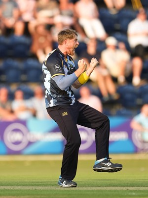 200625 - Glamorgan v Somerset, Vitality Blast  T20 - Dan Douthwaite of Glamorgan celebrates Tom Banton of Somerset being out lbw