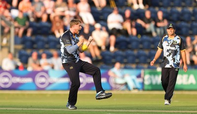 200625 - Glamorgan v Somerset, Vitality Blast  T20 - Dan Douthwaite of Glamorgan celebrates Tom Banton of Somerset being out lbw