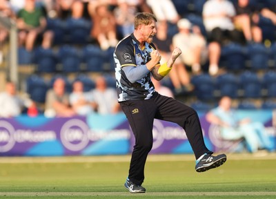 200625 - Glamorgan v Somerset, Vitality Blast  T20 - Dan Douthwaite of Glamorgan celebrates Tom Banton of Somerset being out lbw
