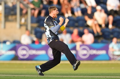 200625 - Glamorgan v Somerset, Vitality Blast  T20 - Dan Douthwaite of Glamorgan celebrates Tom Banton of Somerset being out lbw