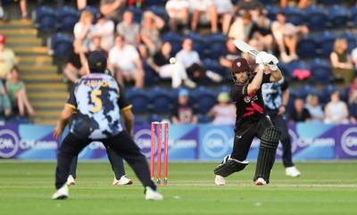 200625 - Glamorgan v Somerset, Vitality Blast  T20 - Sean Dickson of Somerset plays a shot to Kiran Carlson of Glamorgan