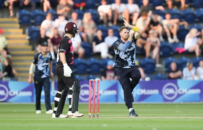 200625 - Glamorgan v Somerset, Vitality Blast  T20 - Dan Douthwaite of Glamorgan bowls