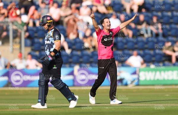 200625 - Glamorgan v Somerset, Vitality Blast  T20 - Lewis Gregory of Somerset celebrates after bowling out Colin Ingram of Glamorgan