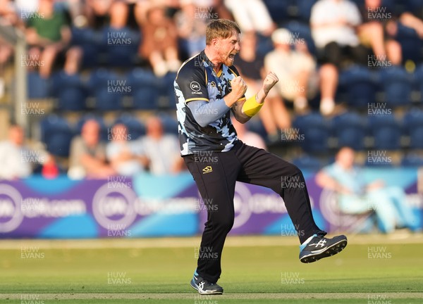 200625 - Glamorgan v Somerset, Vitality Blast  T20 - Dan Douthwaite of Glamorgan celebrates Tom Banton of Somerset being out lbw