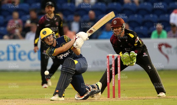 200718 - Glamorgan v Somerset - Vitality Blast - Aneurin Donald of Glamorgan is bowled for LBW by Max Waller