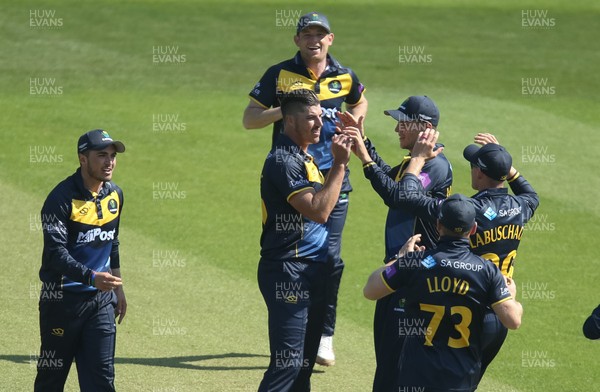 210419 - Glamorgan v Somerset, Royal London One Day Cup - Marchant de Lange of Glamorgan celebrates with team mates after taking the wicket of Tom Banton of Somerset