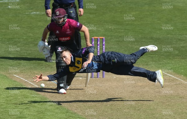210419 - Glamorgan v Somerset, Royal London One Day Cup - Marnus Labuschagne of Glamorgan dives at full stretch to stop the ball off Craig Overton of Somerset's shot