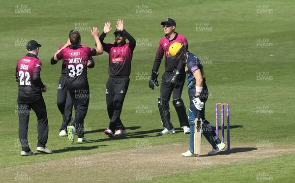 210419 - Glamorgan v Somerset, Royal London One Day Cup - Somerset players celebrate as Craig Meschede of Glamorgan is out lbw
