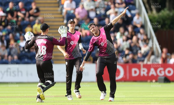 210623 - Glamorgan v Somerset, Vitality Blast - Craig Overton of Somerset celebrates after Billy Root is out caught and bowled