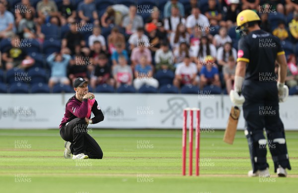 210623 - Glamorgan v Somerset, Vitality Blast - Sean Dickson of Somerset after he catches Cameron Fletcher of Glamorgan off the bowling of Craig Overton of Somerset