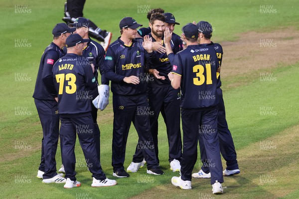 240622 - Glamorgan v Somerset, Vitality Blast T20 - Michael Neser of Glamorgan is congratulated by team mates after taking two wickets for three runs