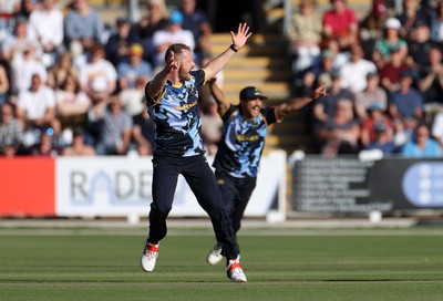 290526 - Glamorgan v Somerset - Vitality Blast - Nathan McAndrew of Glamorgan celebrates taking the wicket of Josh Thomas for lbw