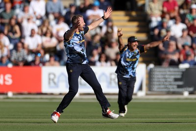 290526 - Glamorgan v Somerset - Vitality Blast - Nathan McAndrew of Glamorgan celebrates taking the wicket of Josh Thomas for lbw