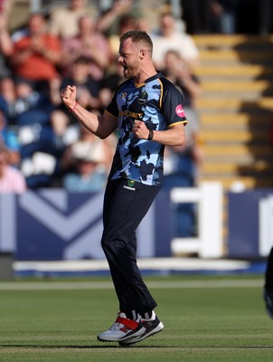 290526 - Glamorgan v Somerset - Vitality Blast - Nathan McAndrew of Glamorgan celebrates taking the wicket of Josh Thomas for lbw
