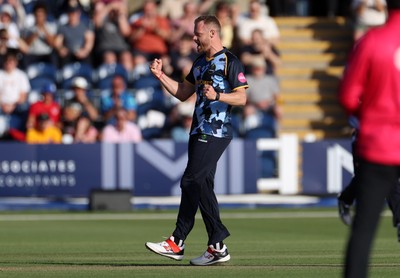 290526 - Glamorgan v Somerset - Vitality Blast - Nathan McAndrew of Glamorgan celebrates taking the wicket of Josh Thomas for lbw