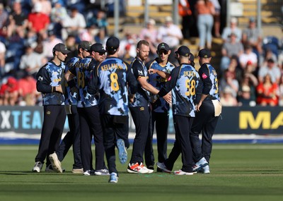290526 - Glamorgan v Somerset - Vitality Blast - Nathan McAndrew of Glamorgan celebrates taking the wicket of Josh Thomas for lbw