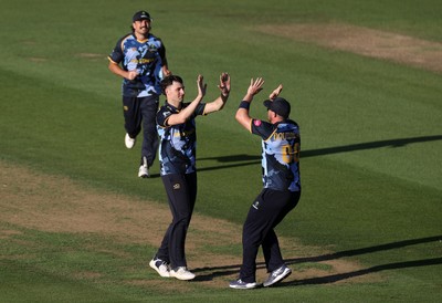290526 - Glamorgan v Somerset - Vitality Blast - Ned Leonard of Glamorgan celebrates taking the wicket of Tom Abell