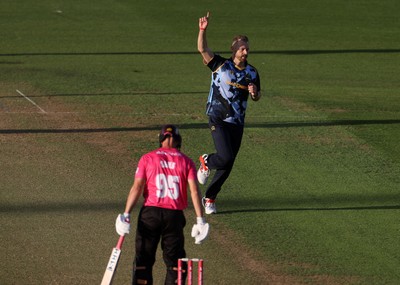 290526 - Glamorgan v Somerset - Vitality Blast - Nathan McAndrew of Glamorgan celebrates taking the wicket of Daniel Sams