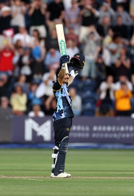 290526 - Glamorgan v Somerset - Vitality Blast - Kiran Carlson of Glamorgan celebrates scoring his century