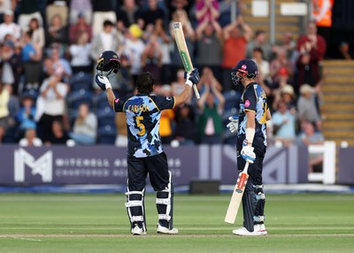 290526 - Glamorgan v Somerset - Vitality Blast - Kiran Carlson of Glamorgan celebrates scoring his century