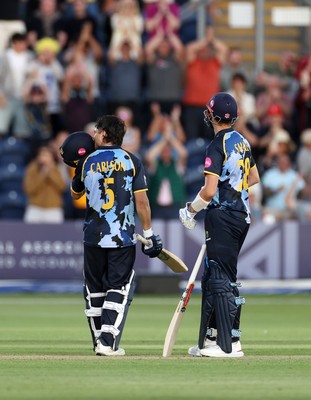 290526 - Glamorgan v Somerset - Vitality Blast - Kiran Carlson of Glamorgan celebrates scoring his century