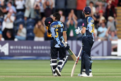 290526 - Glamorgan v Somerset - Vitality Blast - Kiran Carlson of Glamorgan celebrates scoring his century