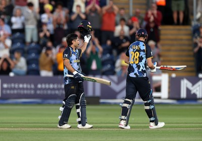 290526 - Glamorgan v Somerset - Vitality Blast - Kiran Carlson of Glamorgan celebrates scoring his century