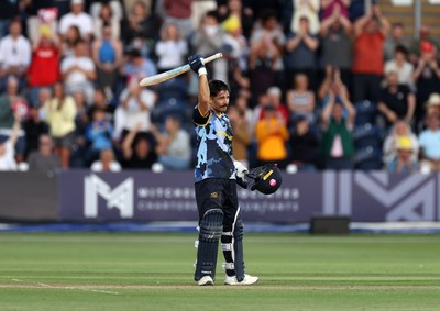290526 - Glamorgan v Somerset - Vitality Blast - Kiran Carlson of Glamorgan celebrates scoring his century