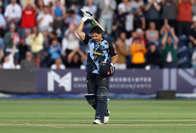 290526 - Glamorgan v Somerset - Vitality Blast - Kiran Carlson of Glamorgan celebrates scoring his century
