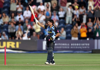 290526 - Glamorgan v Somerset - Vitality Blast - Kiran Carlson of Glamorgan celebrates scoring his century