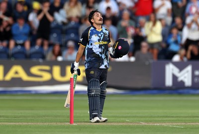 290526 - Glamorgan v Somerset - Vitality Blast - Kiran Carlson of Glamorgan celebrates scoring his century