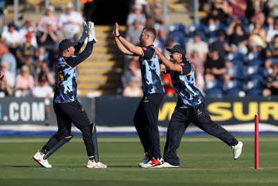 290526 - Glamorgan v Somerset - Vitality Blast - Nathan McAndrew of Glamorgan celebrates taking the wicket of Josh Thomas for lbw