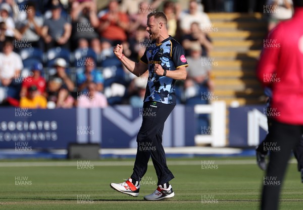 290526 - Glamorgan v Somerset - Vitality Blast - Nathan McAndrew of Glamorgan celebrates taking the wicket of Josh Thomas for lbw