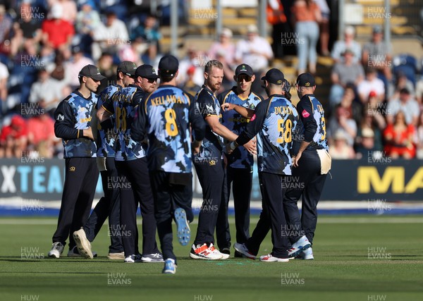 290526 - Glamorgan v Somerset - Vitality Blast - Nathan McAndrew of Glamorgan celebrates taking the wicket of Josh Thomas for lbw